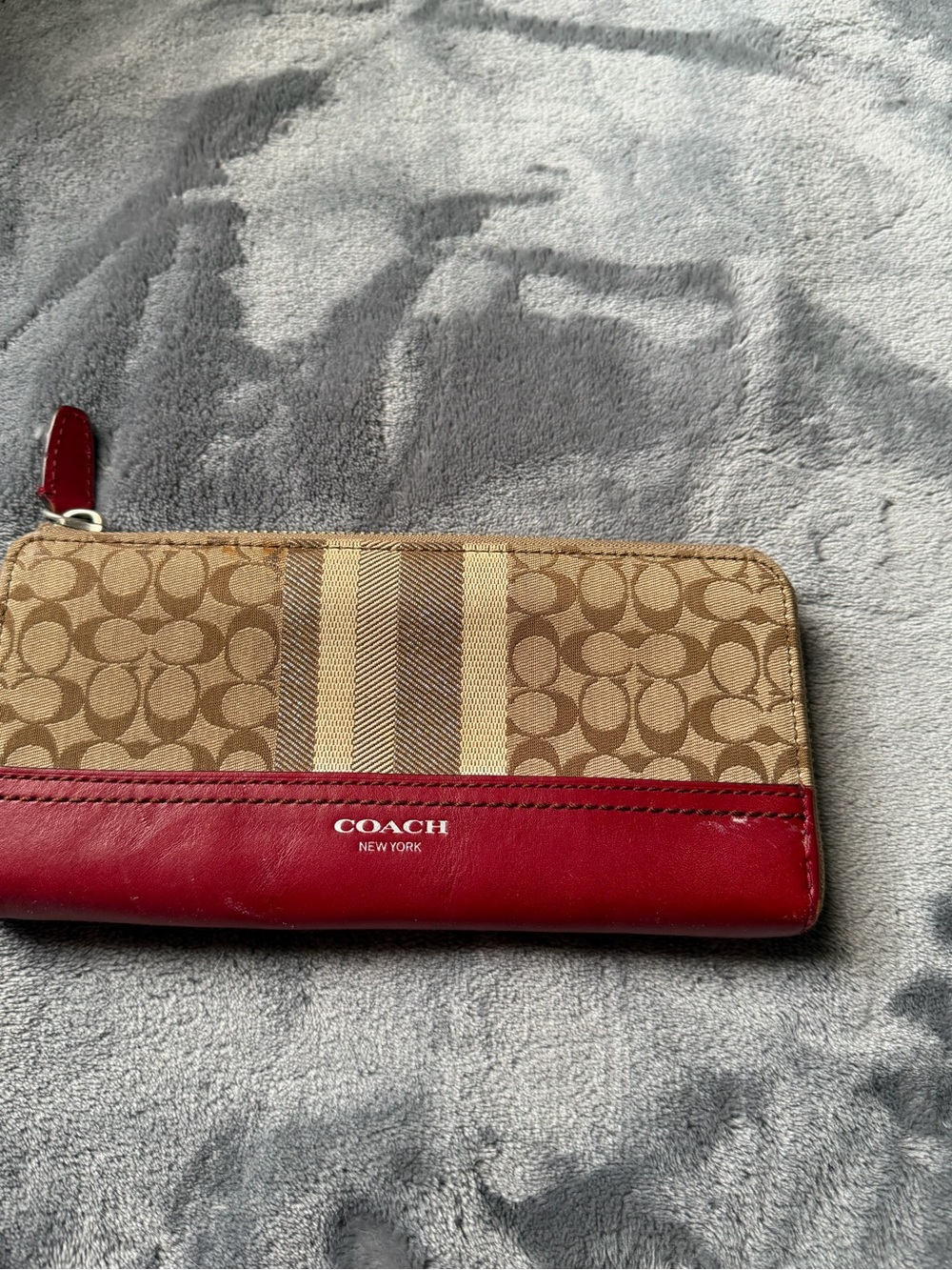 COACH Beige Signature Canvas Wallet with Red Leather Trim